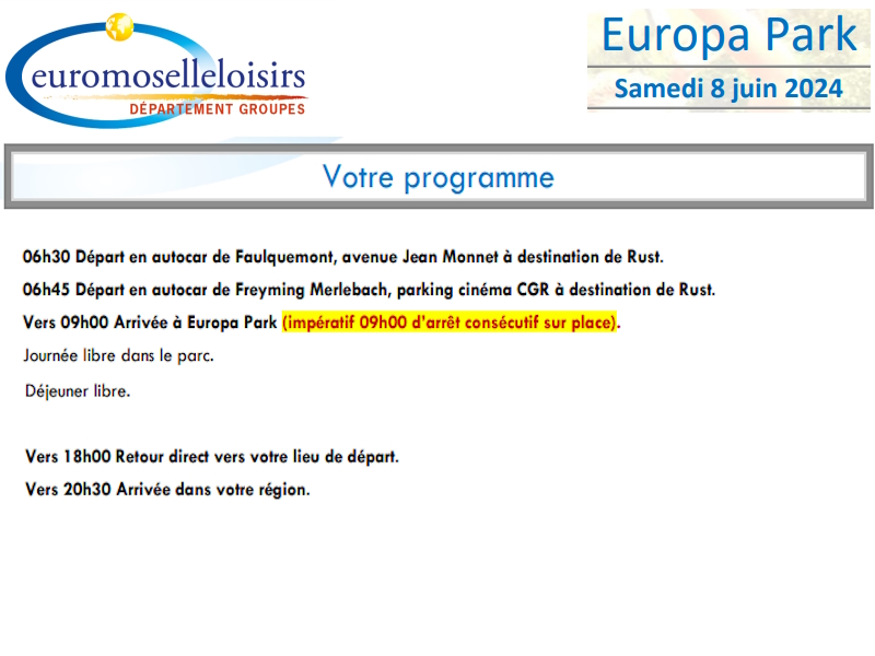 Programme Europa Park - Samedi 8 juin 2024
