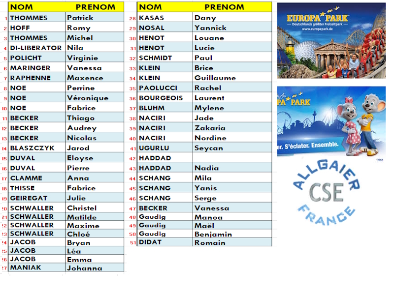 Liste Europa Park - Mercredi 10 juin 2026